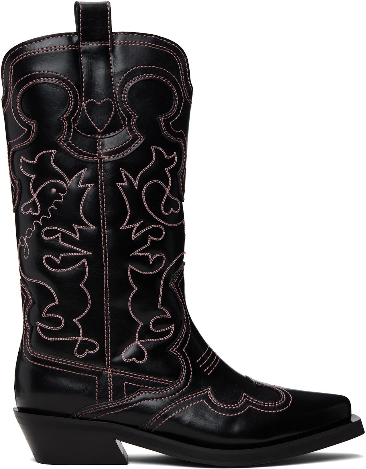 Black Mid Shaft Embroidered Western Boots by GANNI