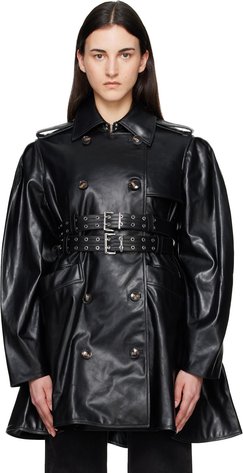 Black Peplum Recycled Leather Trench Coat by GANNI
