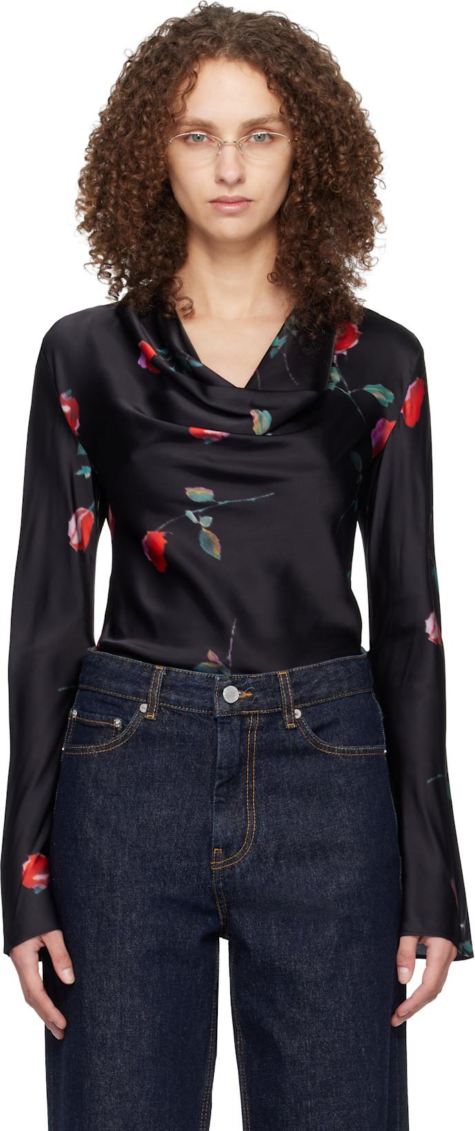Black Printed Satin Blouse by GANNI