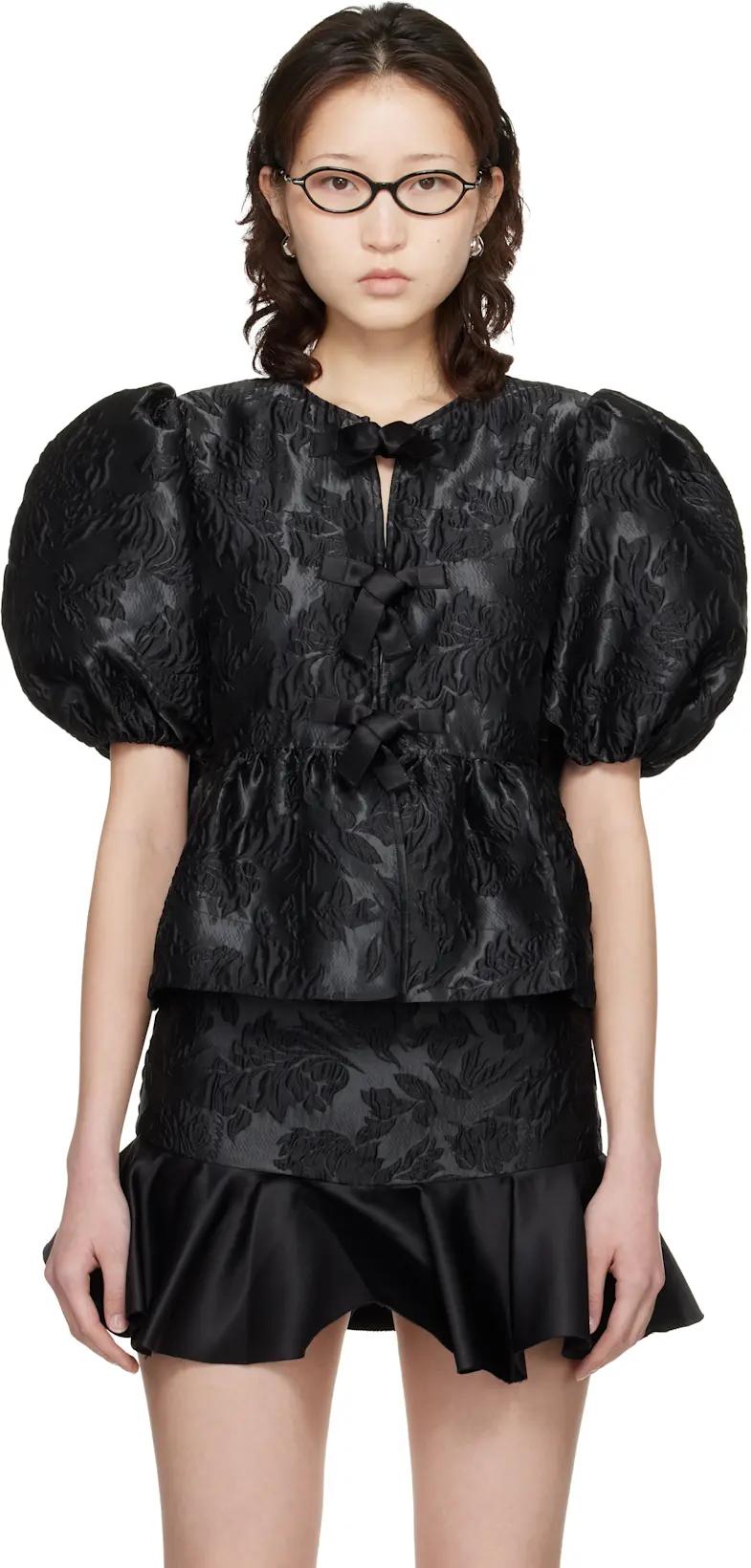 Black Satin Peplum Tie Blouse by GANNI