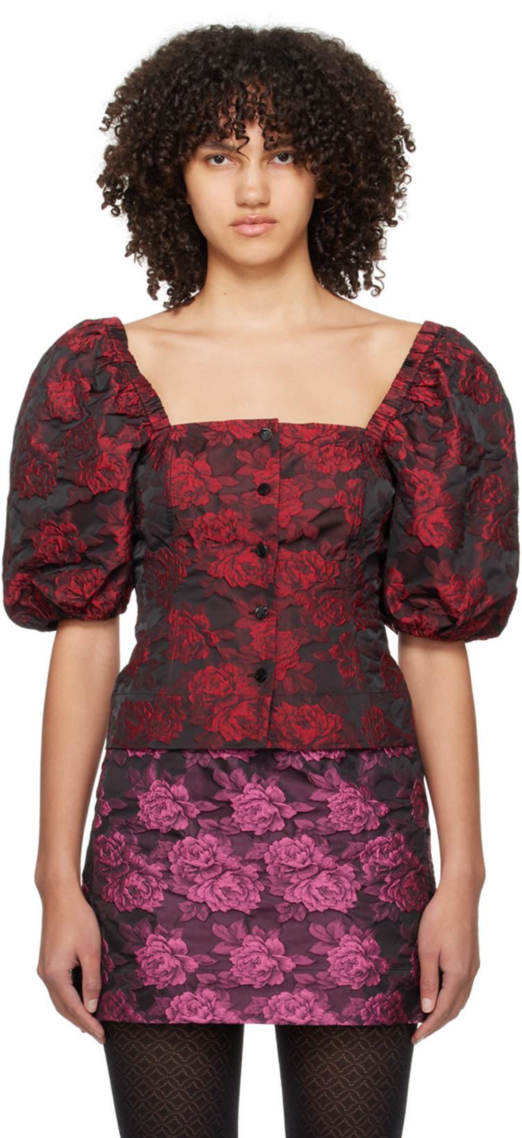 Black & Red Botanical Jacquard Blouse by GANNI