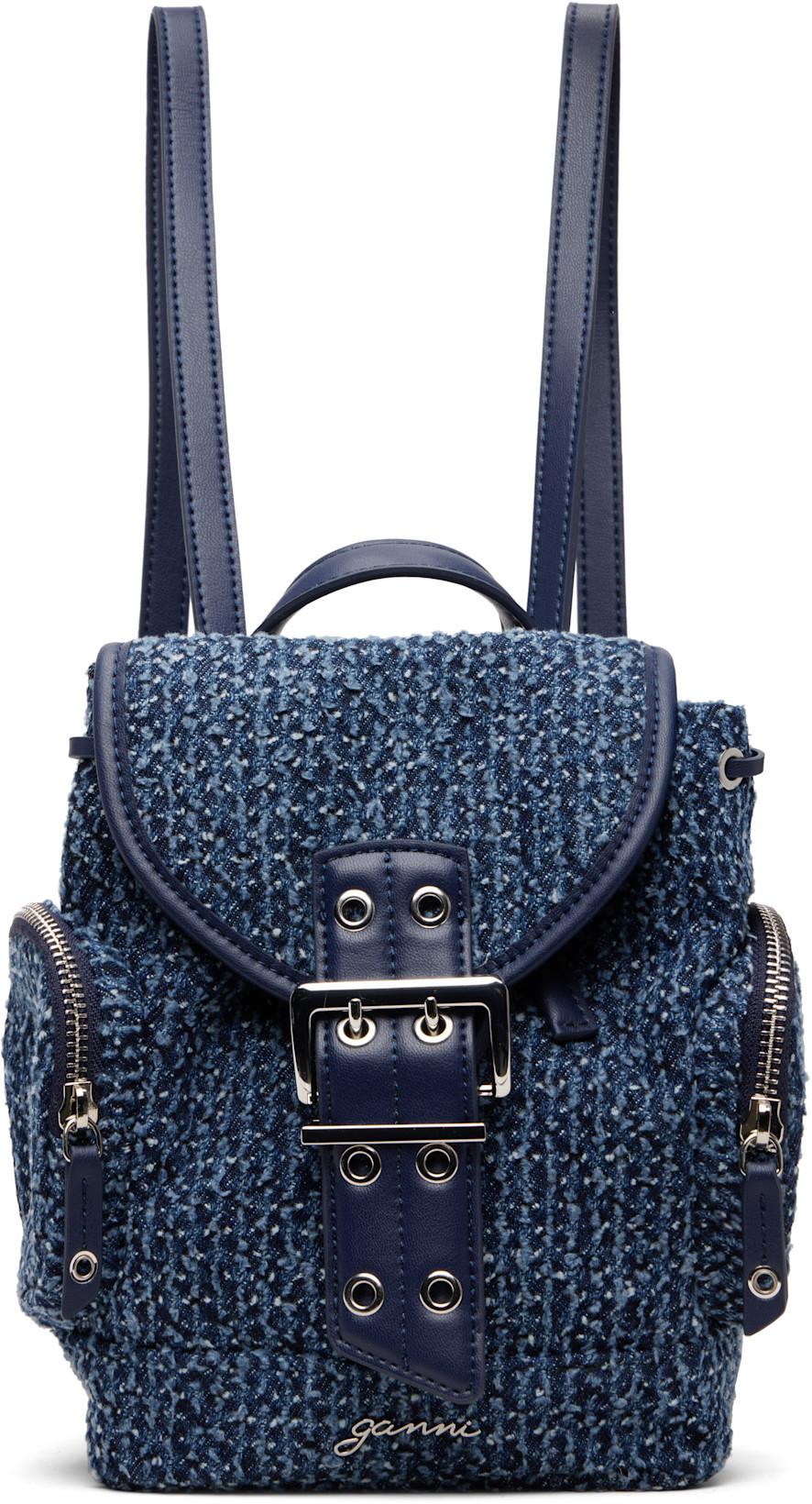 Blue Bucky Nano Tweed Denim Backpack by GANNI