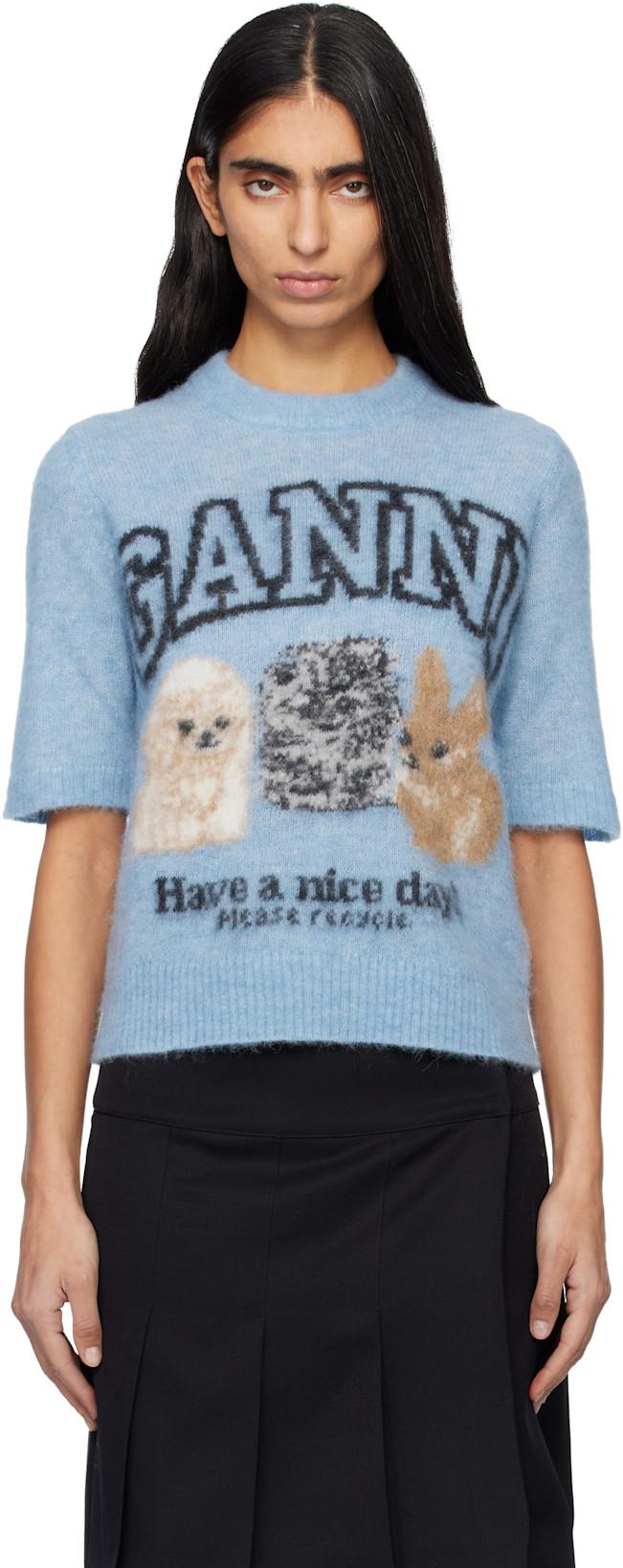 Blue Fine Brushed Alpaca Puppies T-shirt by GANNI