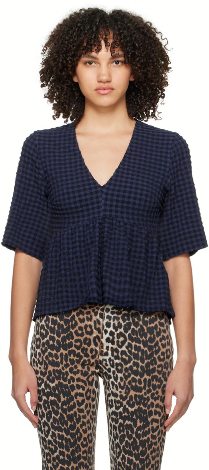 Blue & Black V-Neck Blouse by GANNI