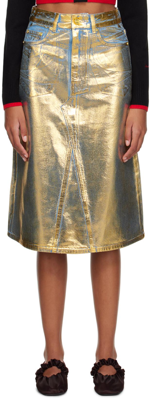 Blue & Gold Foil-Coated Denim Midi Skirt by GANNI
