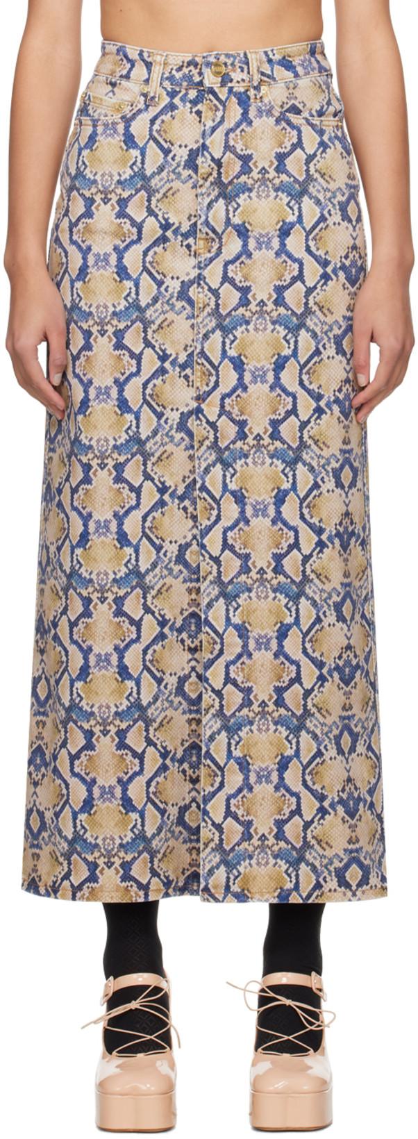Blue & Yellow Snake Printed Denim Maxi Skirt by GANNI