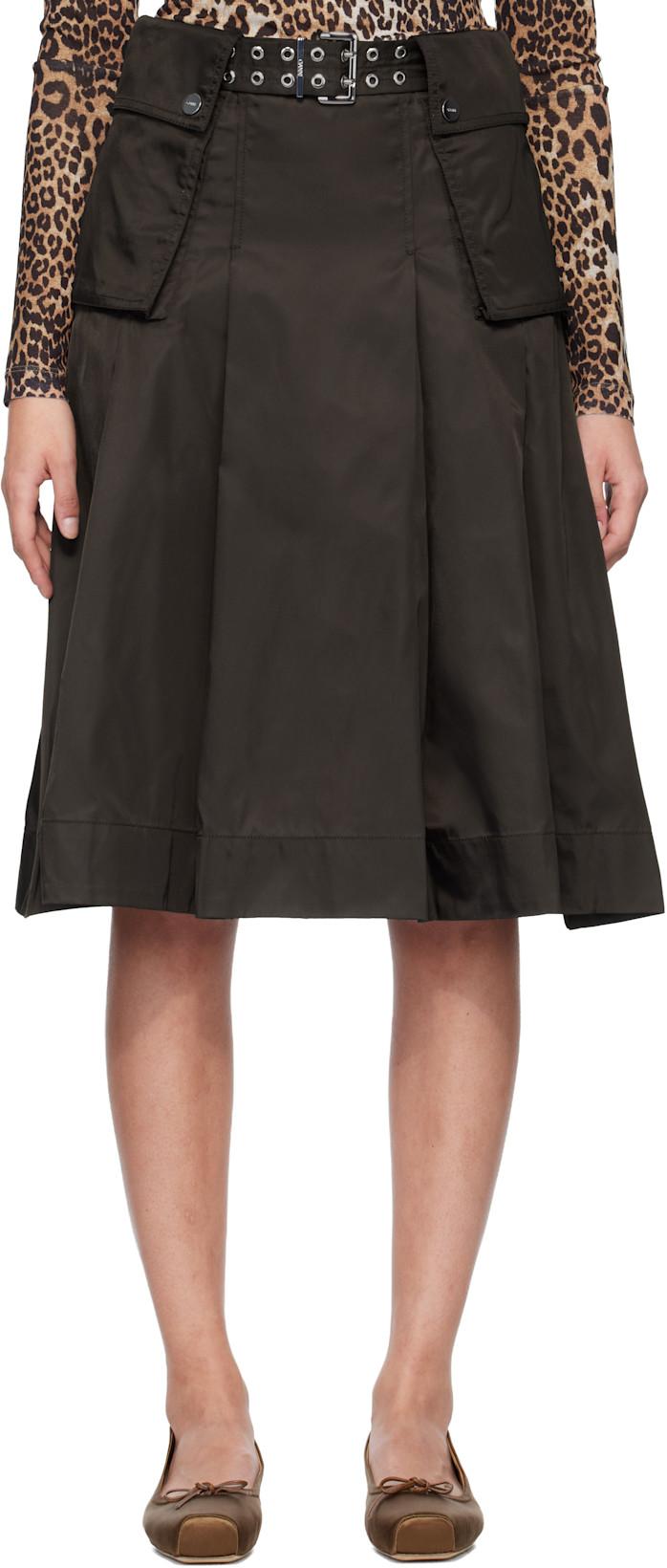 Brown Duchesse Nylon Pleated Midi Skirt by GANNI