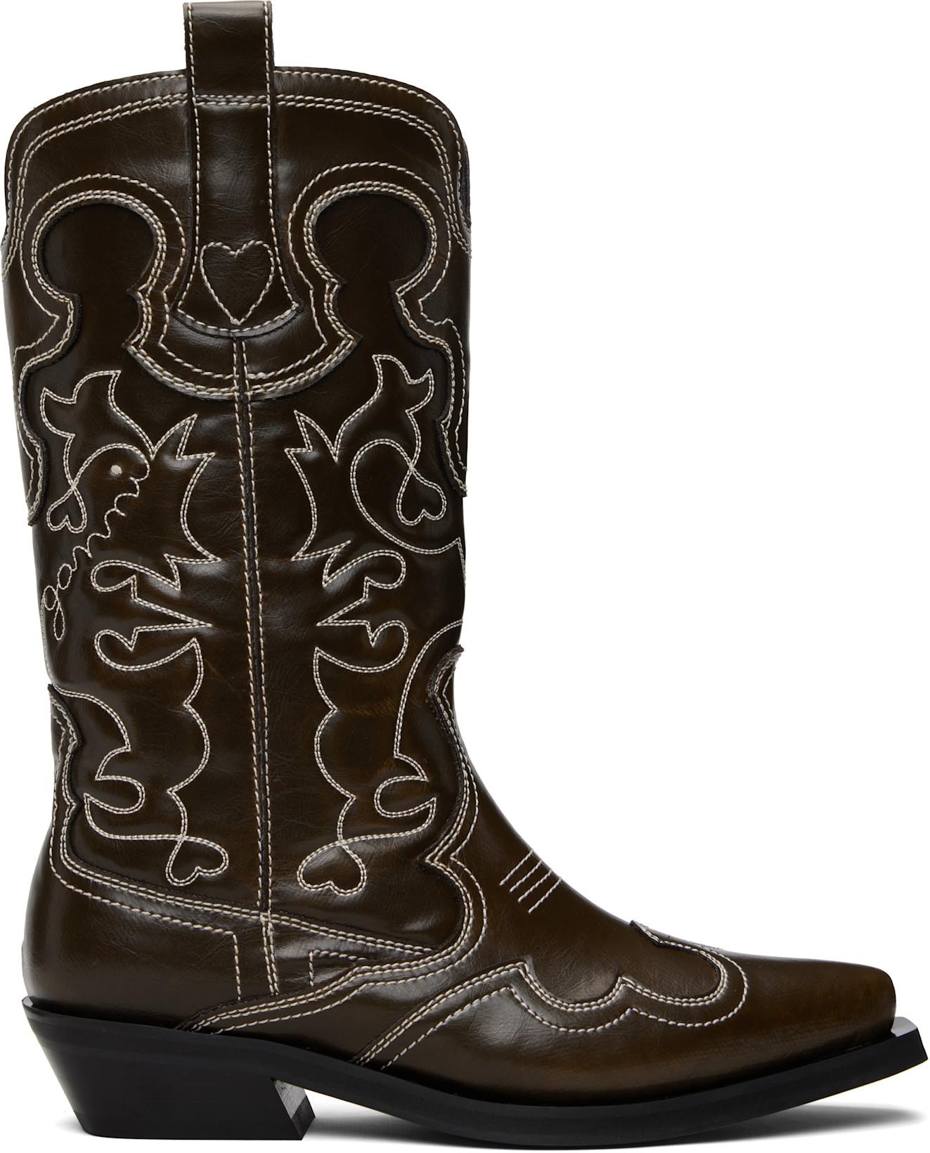 Brown Mid Shaft Embroidered Western Boots by GANNI
