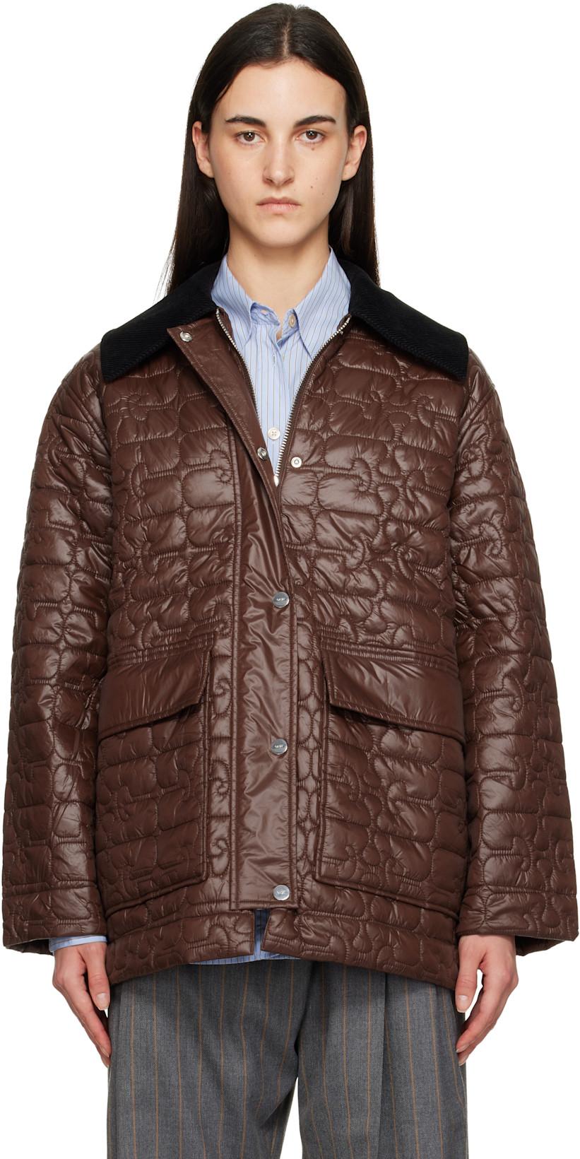 Brown Shiny Quilt Midi Jacket by GANNI
