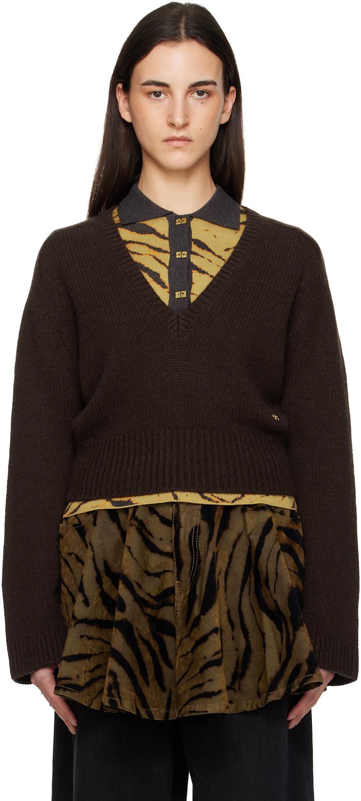 Brown V-Neck Jumper Sweater by GANNI