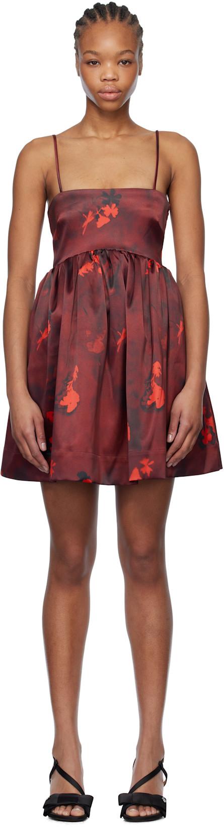 Burgundy Floral Print Satin Strap Minidress by GANNI