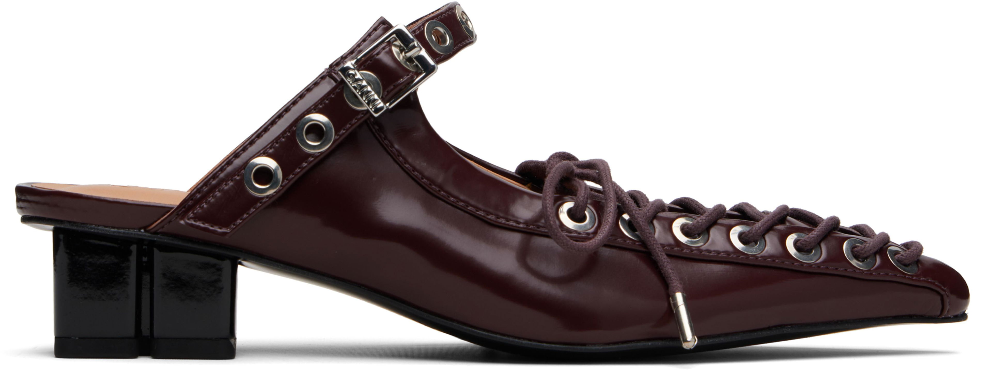 Burgundy Lace-Up Mule Heels by GANNI
