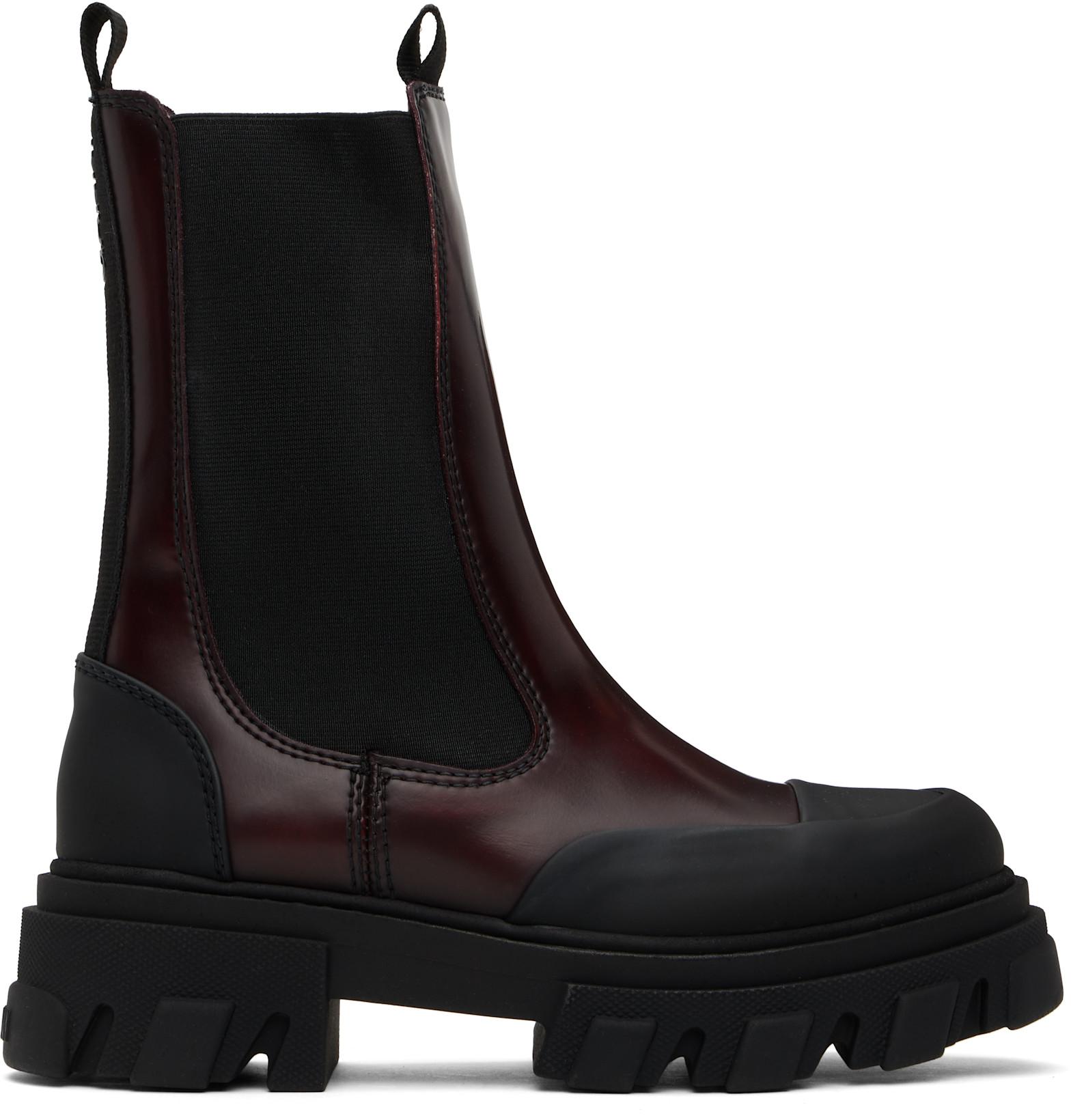 Burgundy & Black Cleated Mid Chelsea Boots by GANNI