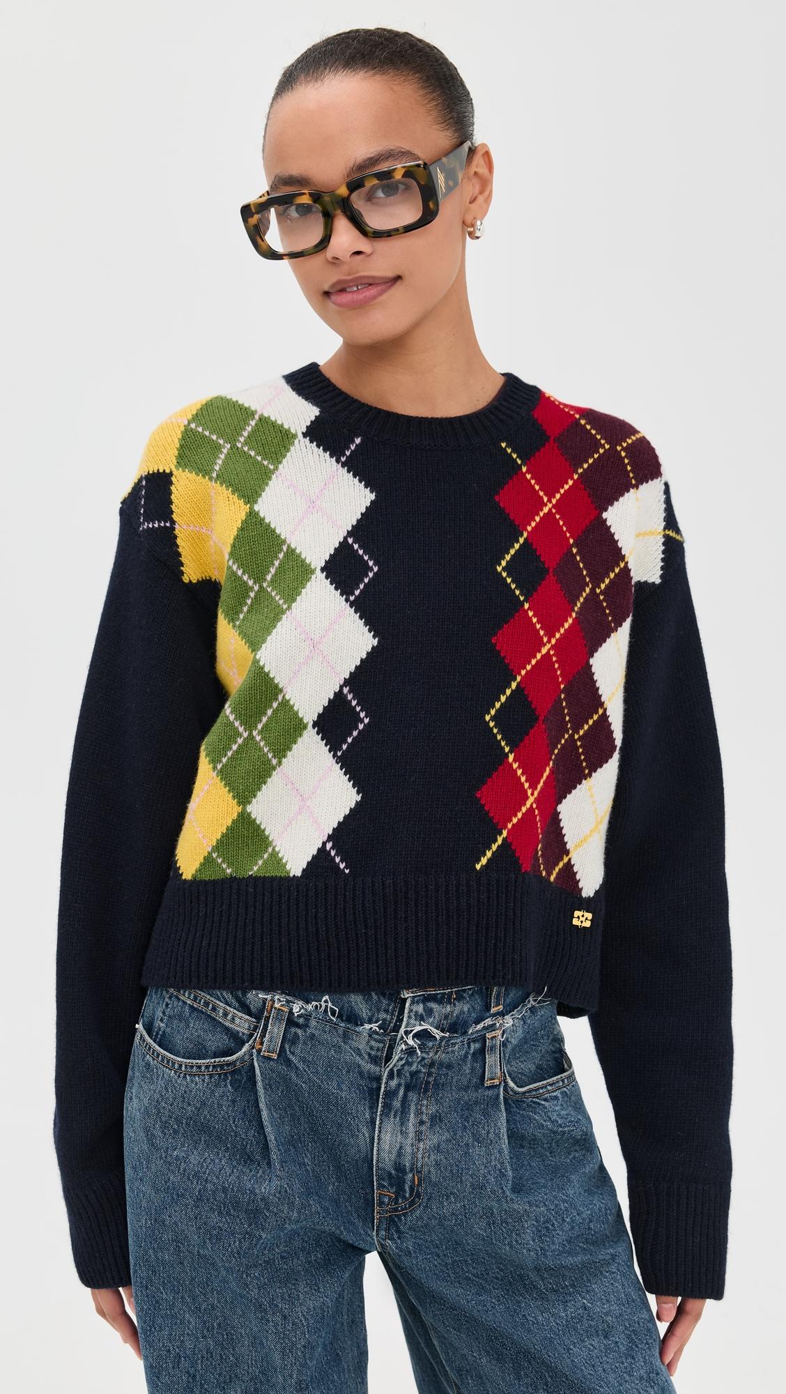 Chunky Wool Mix Argyle Knit Pullover by GANNI