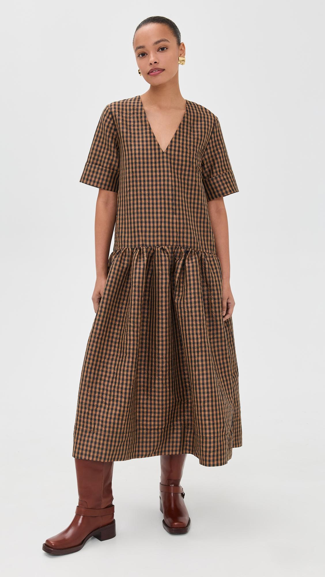 Crinkled Taffeta Check Long Dress by GANNI