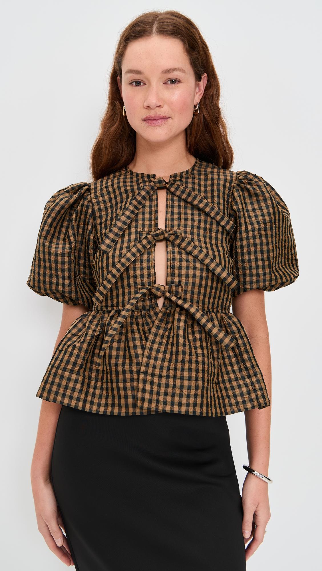 Crinkled Taffeta Check Peplum Blouse by GANNI