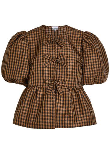 Crinkled checked taffeta blouse by GANNI