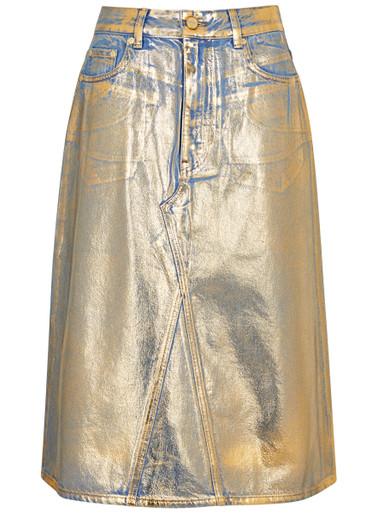 Foil-print denim midi skirt by GANNI