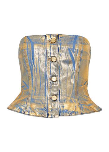Foil-print strapless denim top by GANNI