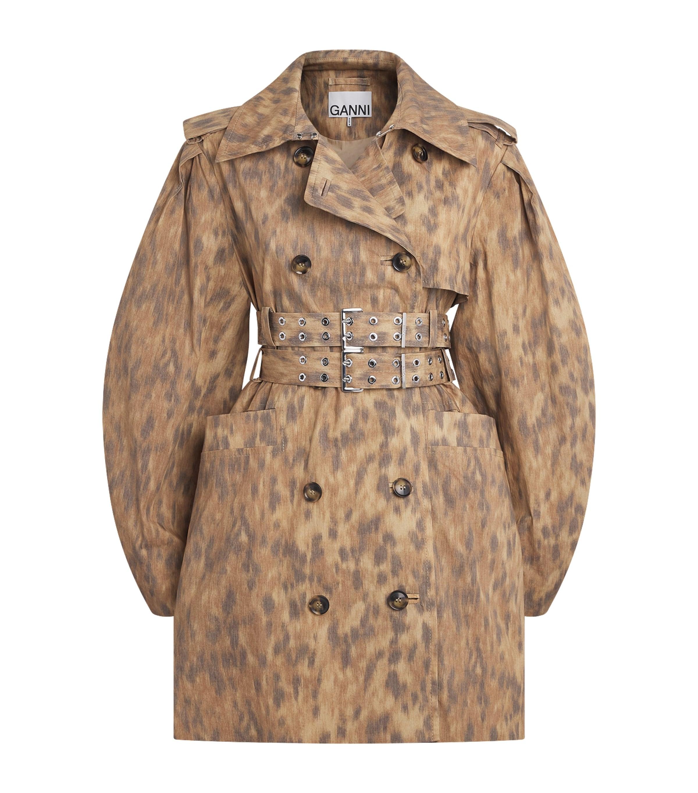 GANNI Stretch-Cotton Leopard Print Belted Trench Coat by GANNI