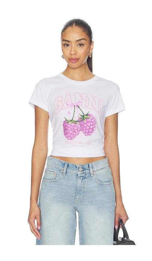 Ganni Baby Fit Raspberry T-shirt in White by GANNI