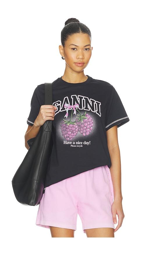 Ganni Basic Cotton Jersey Raspberry Print T-shirt in Black by GANNI
