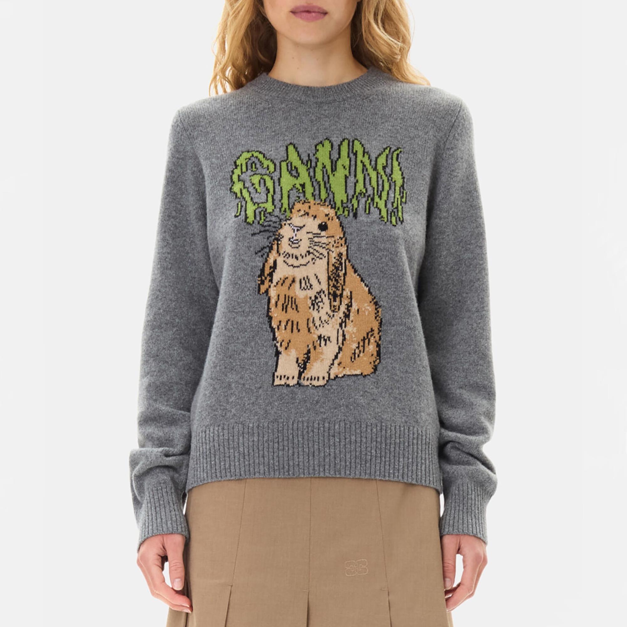 Ganni Graphic Bunny Crewneck Wool-Blend Knit Jumper by GANNI Ganni Graphic Bunny Crewneck Wool-Blend Knit Jumper by GANNI