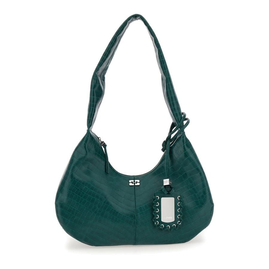 Ganni Medium Bou Green Shoulder Bag With Crocodile Leather Effect And Logo Plaque In Leather by GANNI
