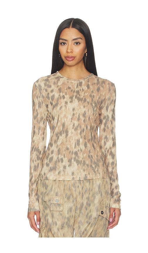 Ganni Printed Marl Mesh Long Sleeve Top in Beige by GANNI