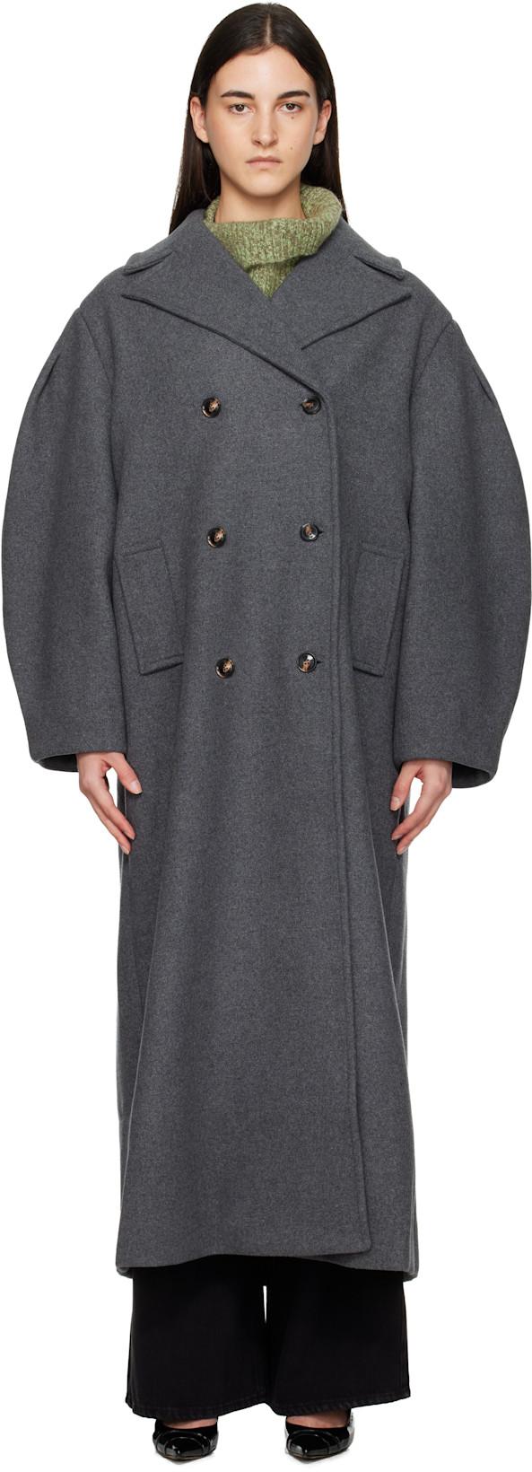 Gray Wool Oversized Long Pea Coat by GANNI