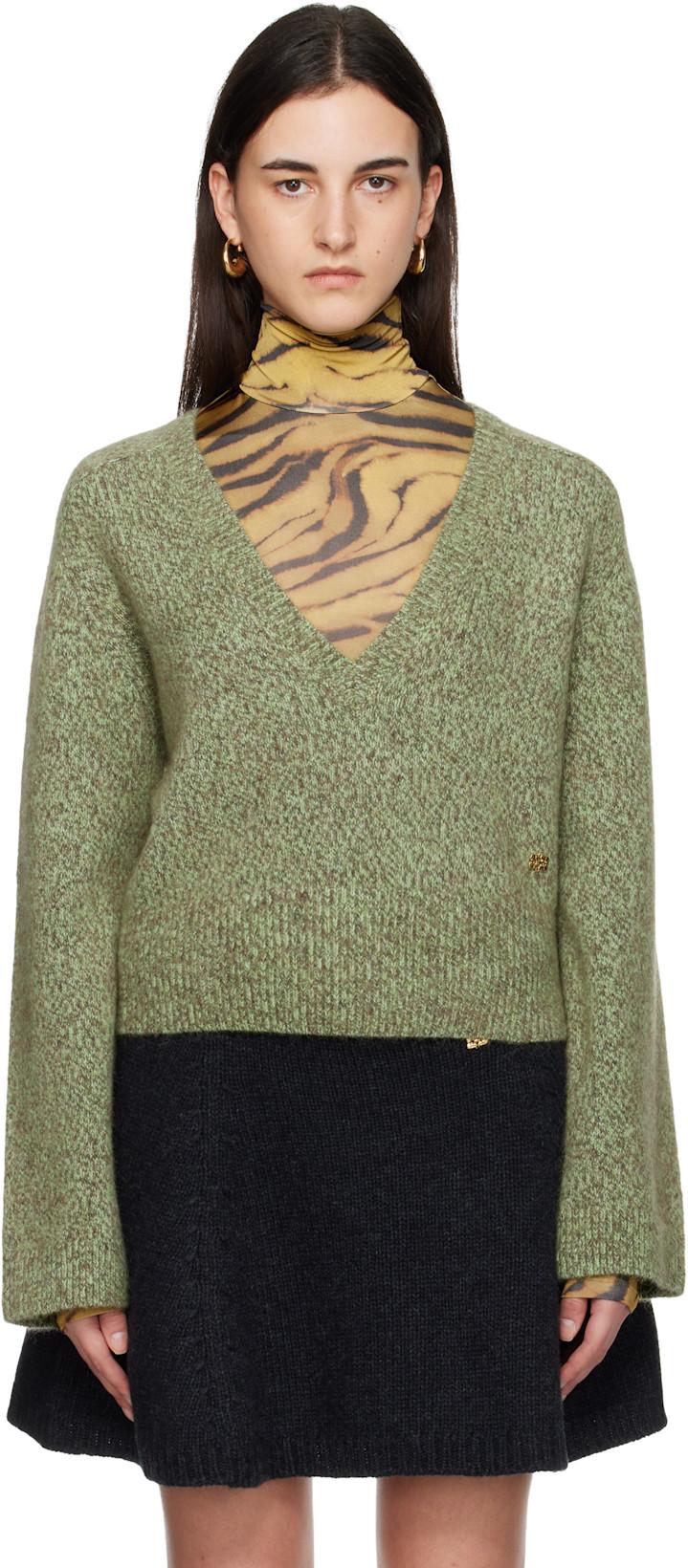 Green Brushed Mohair Mix Deep V-Neck Sweater by GANNI