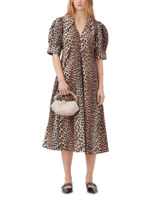 Leopard Cotton Poplin V Neck Maxi Dress by GANNI