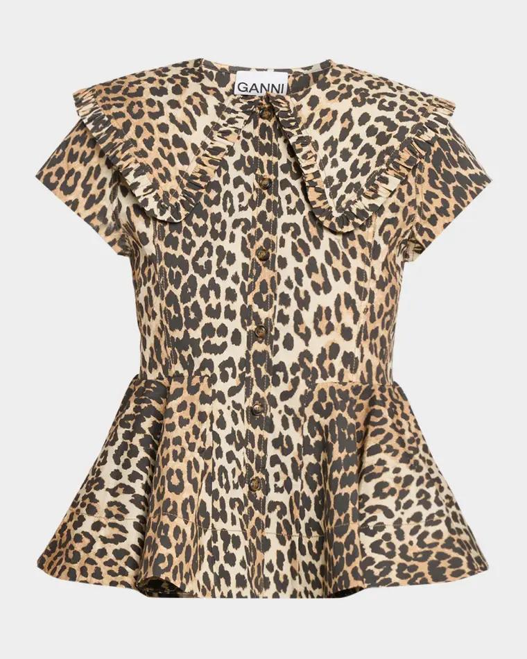Leopard-Print Stretch-Cotton Peplum Top by GANNI