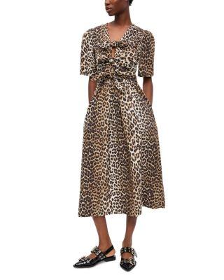 Leopard Printed Cotton Tie Strap Midi Dress by GANNI