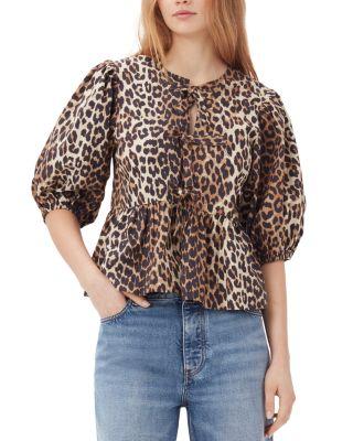 Leopard Tie Front Cotton Peplum Blouse by GANNI