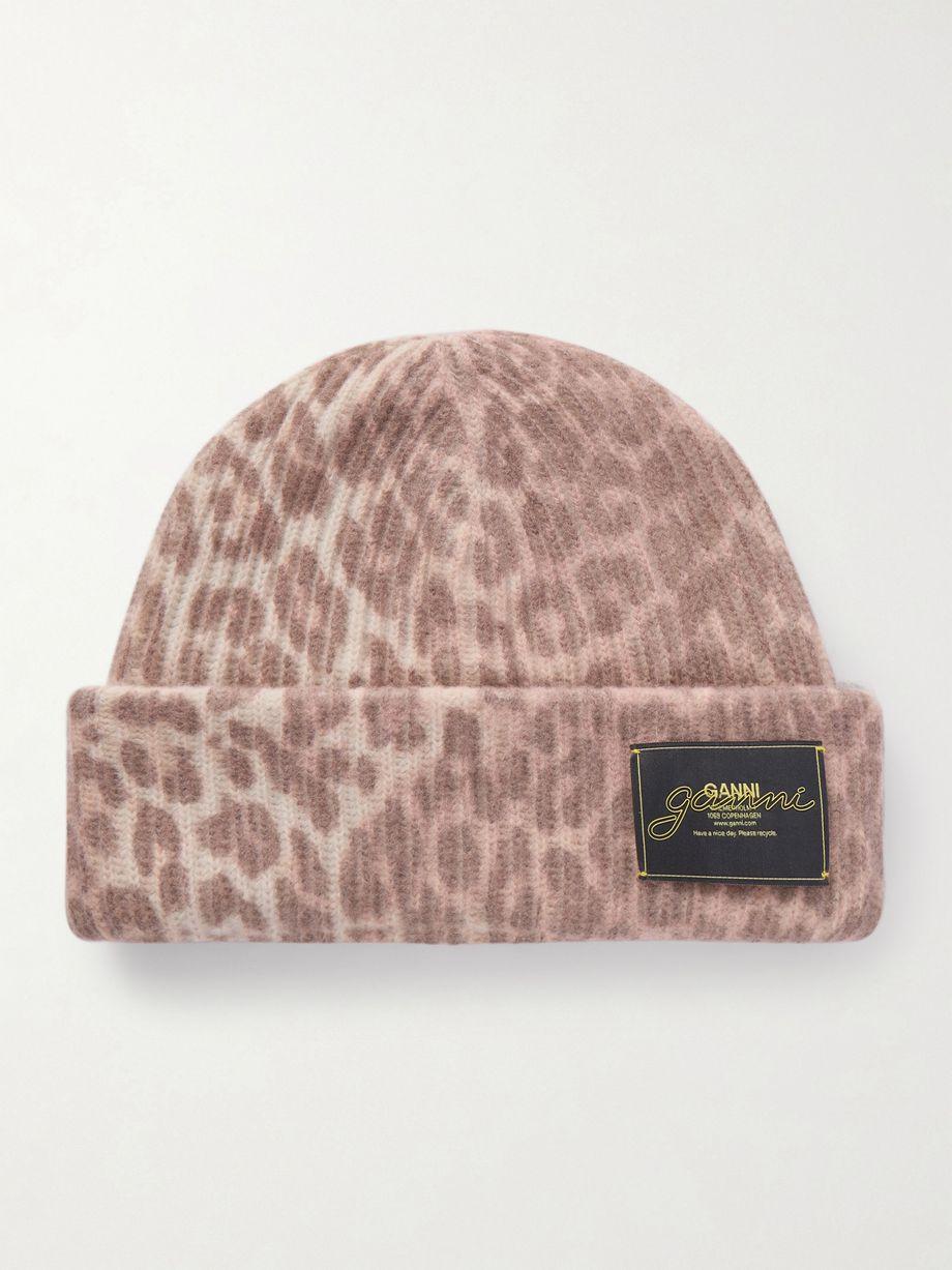Leopard-print ribbed-knit beanie by GANNI