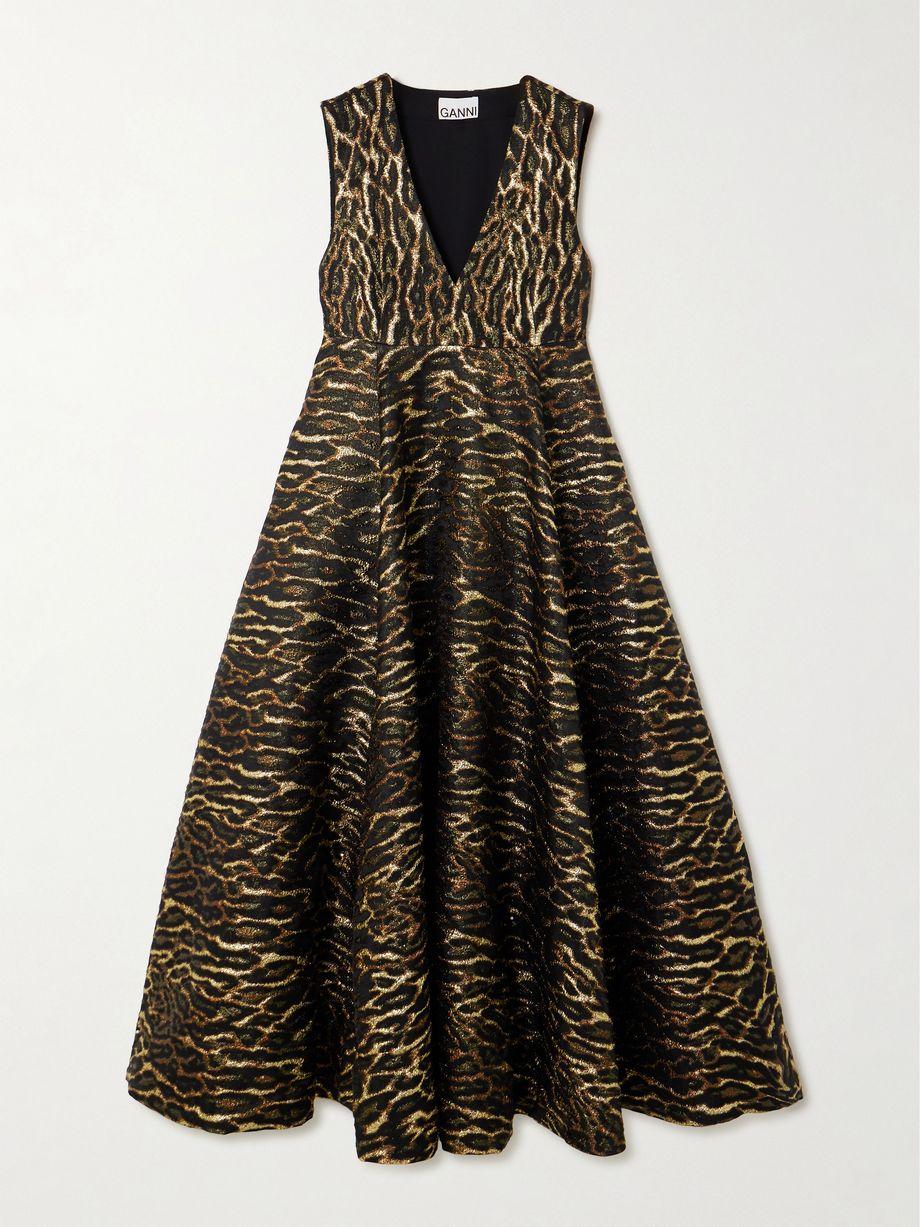 Metallic leopard-print recycled-cloqué midi dress by GANNI