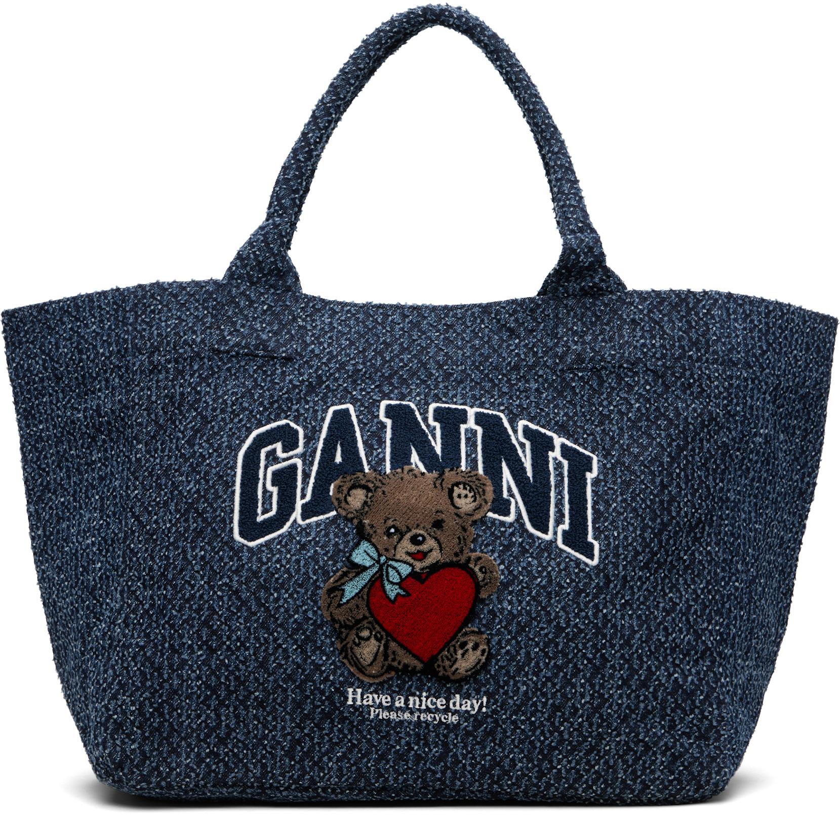 Navy Medium Trapeze Bear Denim Shopper Tote by GANNI