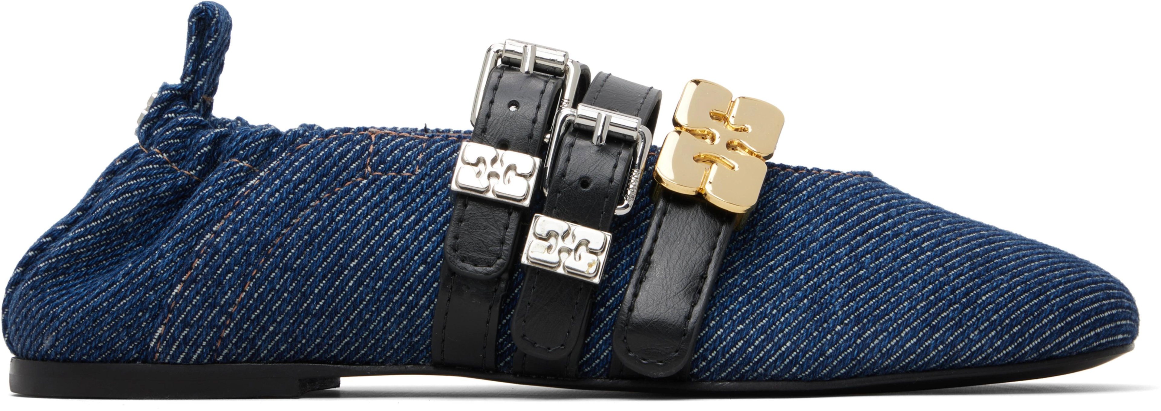 Navy Sue Triple Ballerina Flats by GANNI