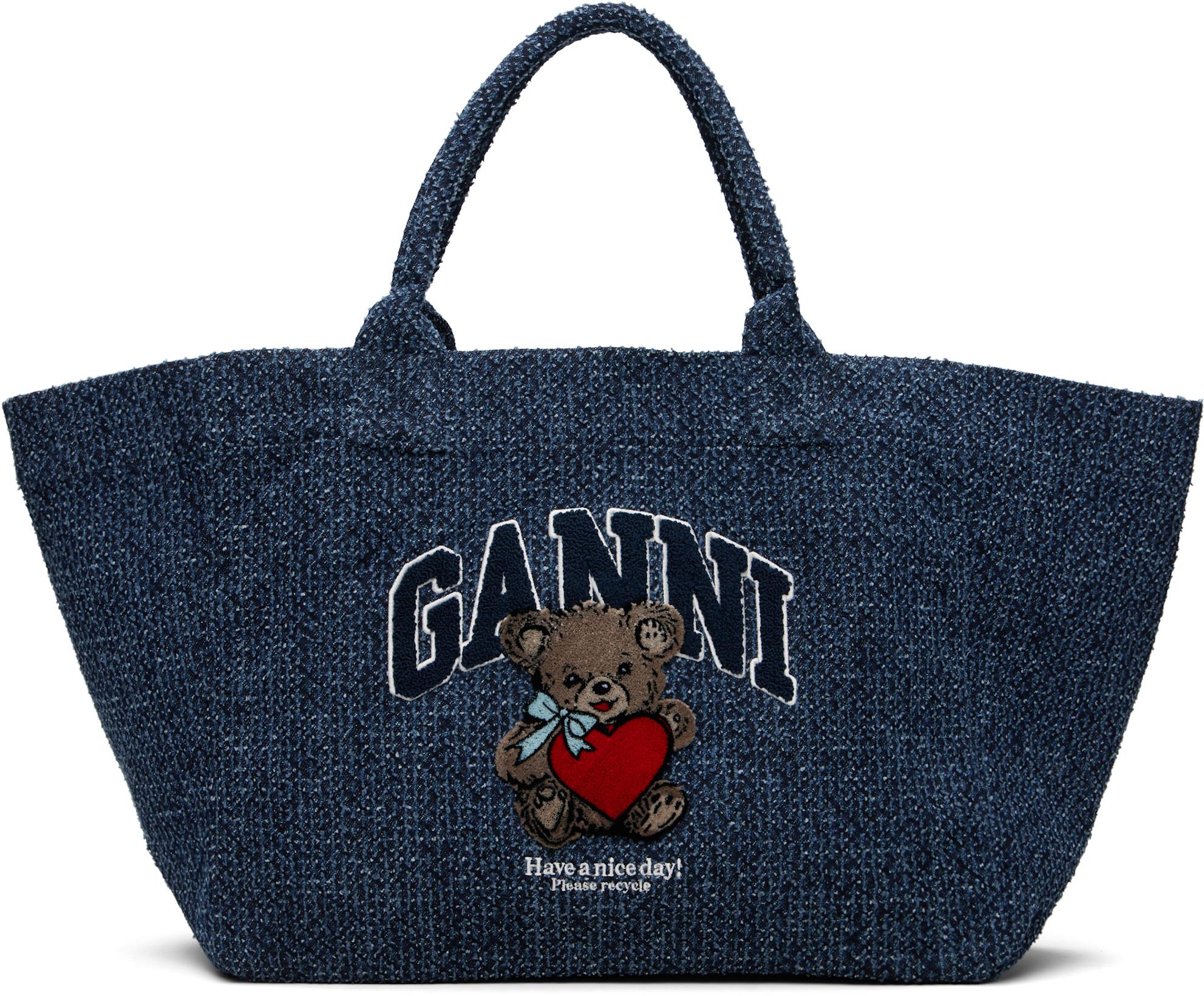 Navy XXL Bear Tweed Denim Shopper Tote by GANNI