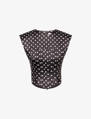Padded-Shoulder Polka-Dot Satin Corset Top by GANNI