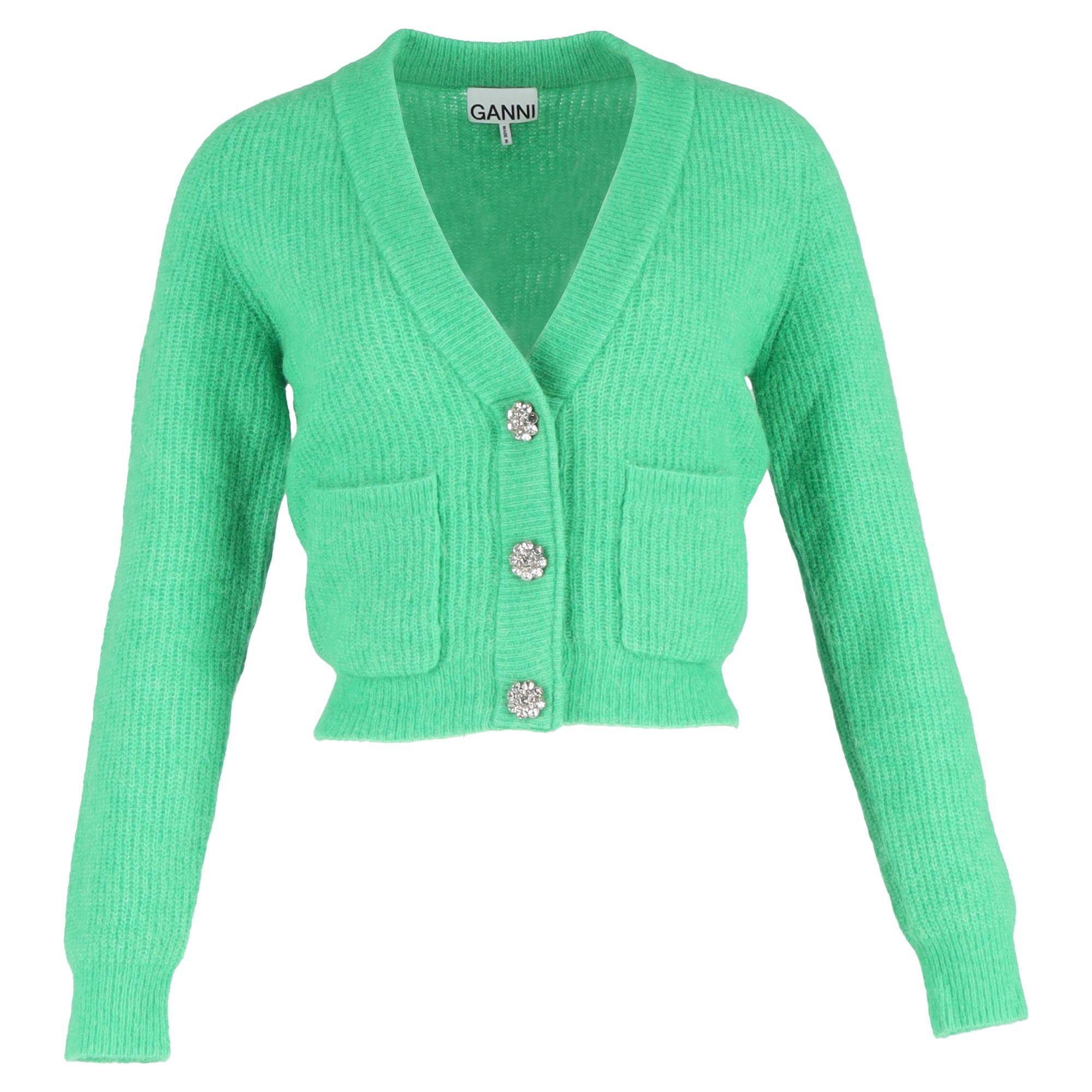 Preloved Crystal-embellished Knitted Cardigan In Green Merino Wool by GANNI