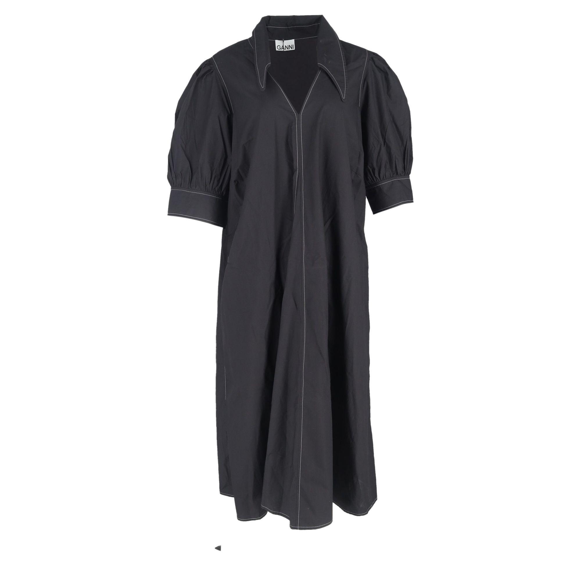 Preloved V-Neck Puff-Sleeved Poplin Maxi Dress in Black Cotton by GANNI