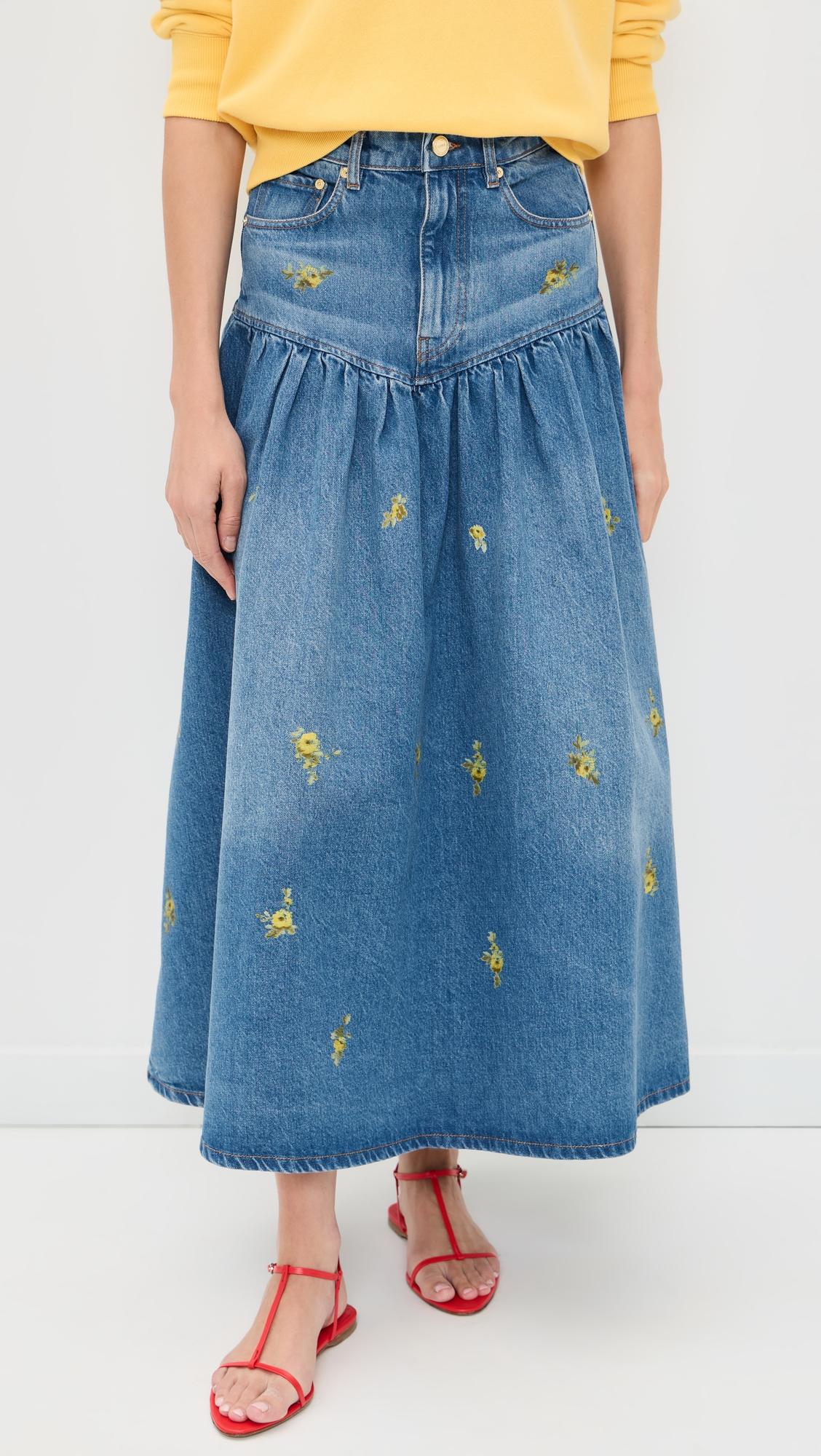 Printed Flower Denim Long Skirt by GANNI