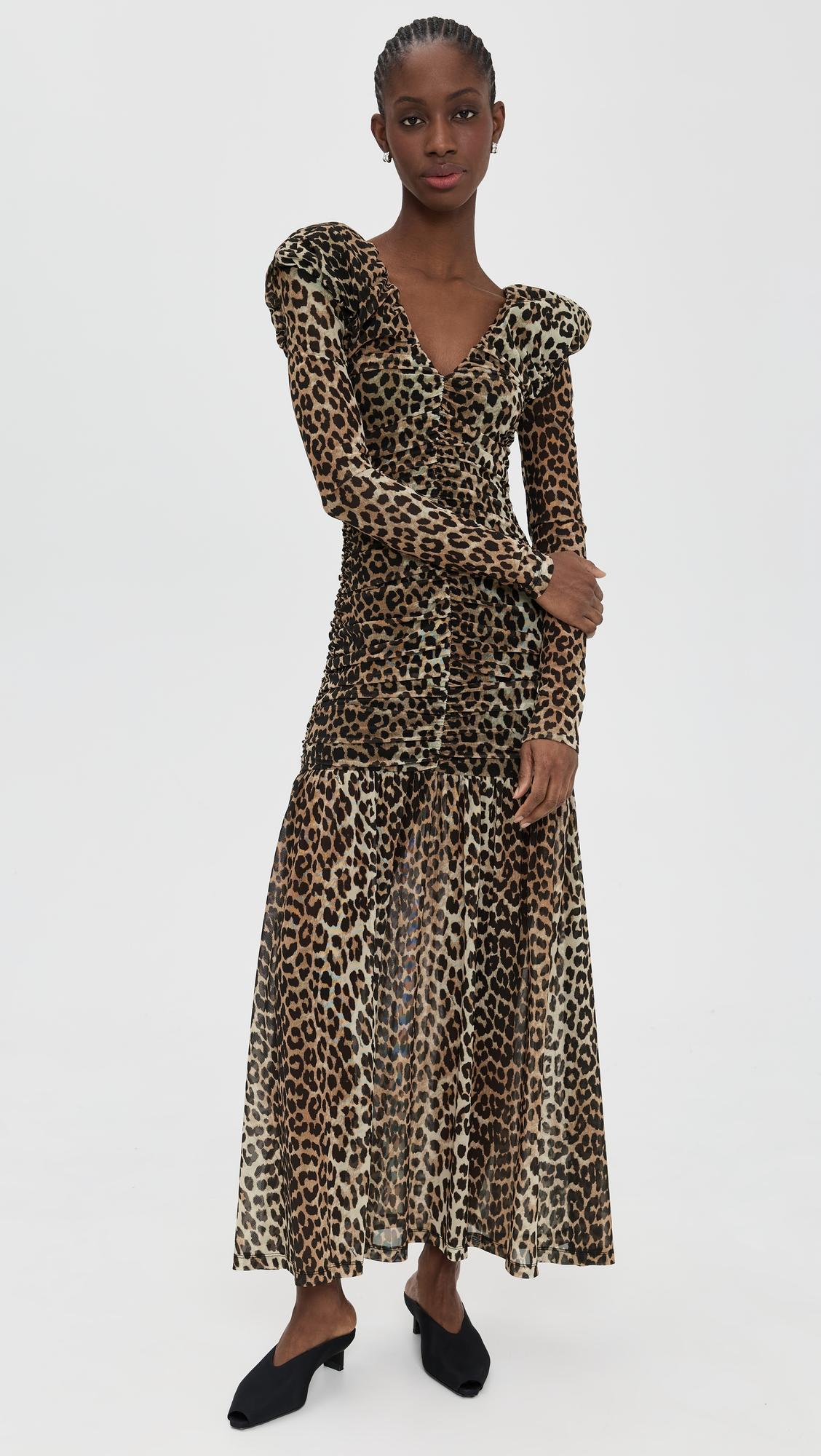 Printed Mesh Long Ruched Dress by GANNI