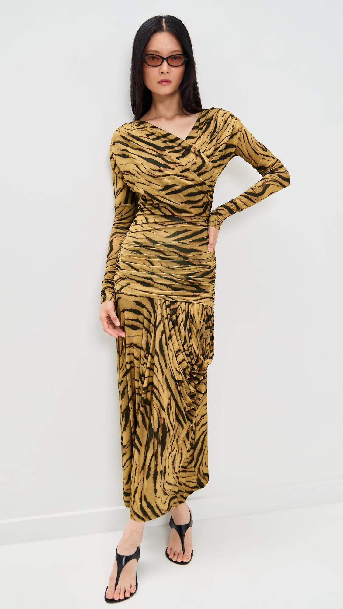 Printed Shiny Jersey Ruched Long Dress by GANNI