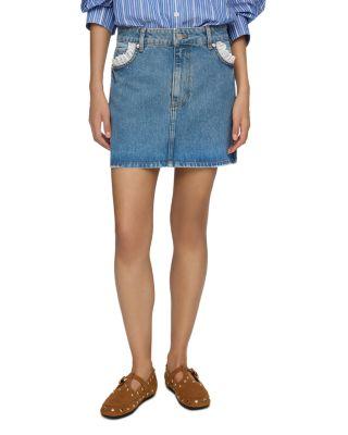 Rigid Denim Lace Trim Skirt in Dark Blue by GANNI