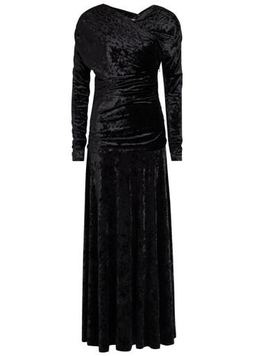 Ruched asymmetric velour maxi dress by GANNI