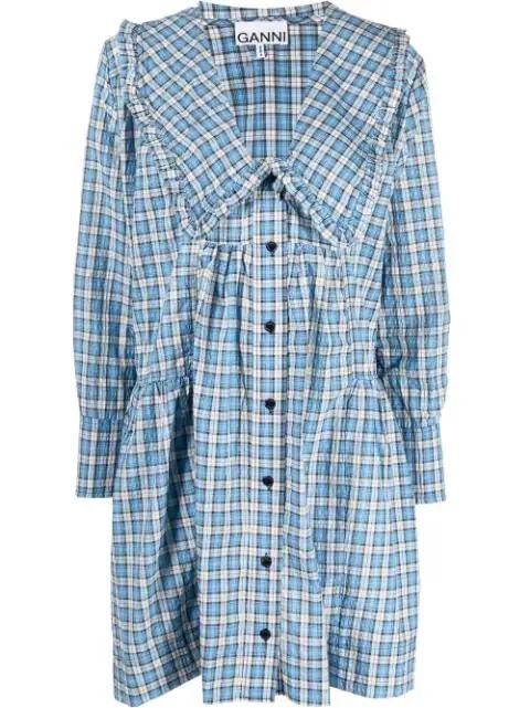 Seersucker check-print gathered dress by GANNI