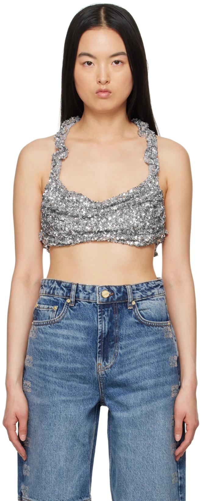 Silver 3D Sequins Camisole by GANNI